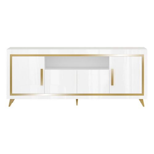 Ensemble Séjour Complet Blanc Décor Doré Table 160cm + Buffet Et Vitrine Avec LEDs - Jemma