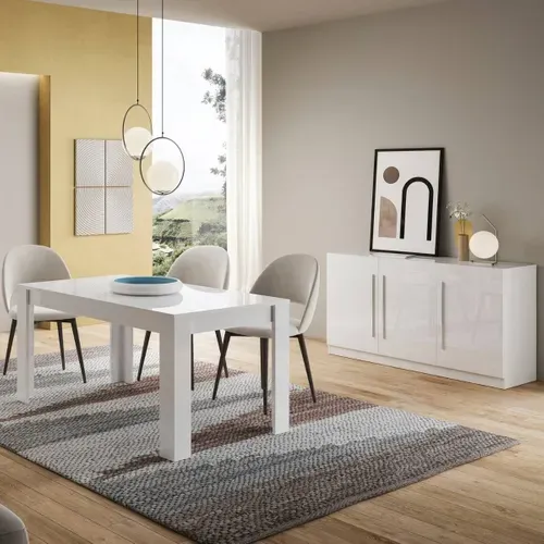 Ensemble Séjour Laqué Blanc Table 160cm + Buffet 3 Portes - Clark
