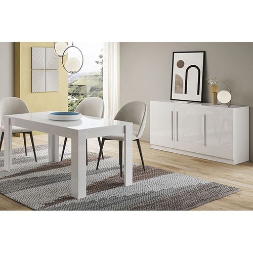 Ensemble Séjour Laqué Blanc Table 160cm + Buffet 3 Portes - Clark