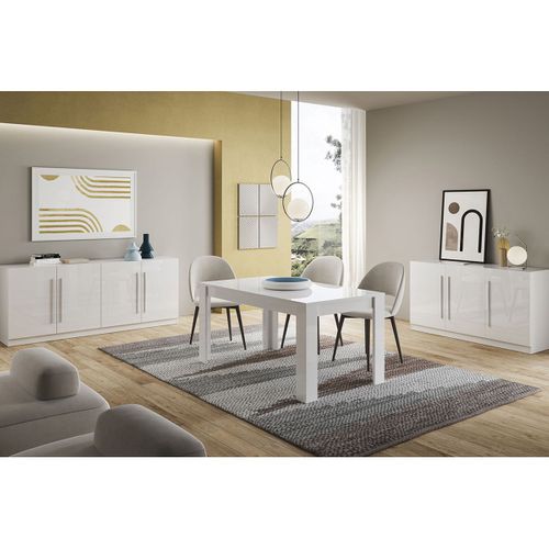 Ensemble Séjour Laqué Blanc Table 160cm + Buffets 3 Et 4 Portes - Clark