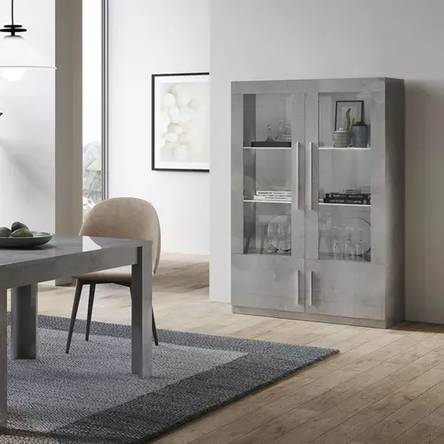 Clark - Ensemble Séjour Effet Marbre Table 190cm + Vitrine 4 Portes Avec LEDs