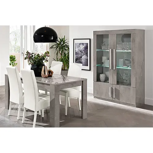 Clark - Ensemble Séjour Effet Marbre Table 190cm + Vitrine 4 Portes Avec LEDs