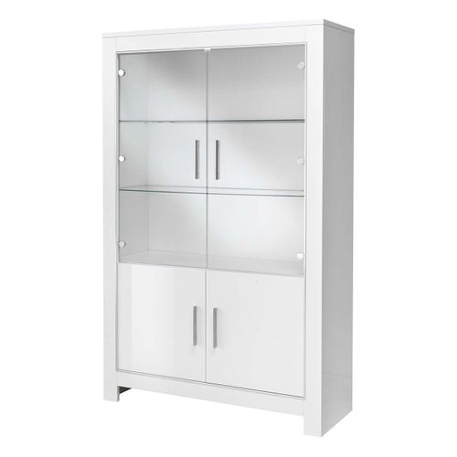 Ensemble Séjour Laqué Blanc Brillant Table 190cm + Vitrine 4 Portes Avec LEDs - Denae