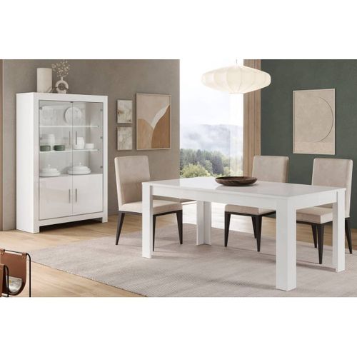 Ensemble Séjour Laqué Blanc Brillant Table 190cm + Vitrine 4 Portes Avec LEDs - Denae