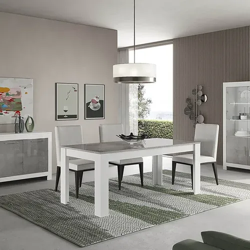 Ensemble Séjour Complet Blanc Et Gris Marbré Table 190cm + Buffet + Vitrine LEDs - Denae