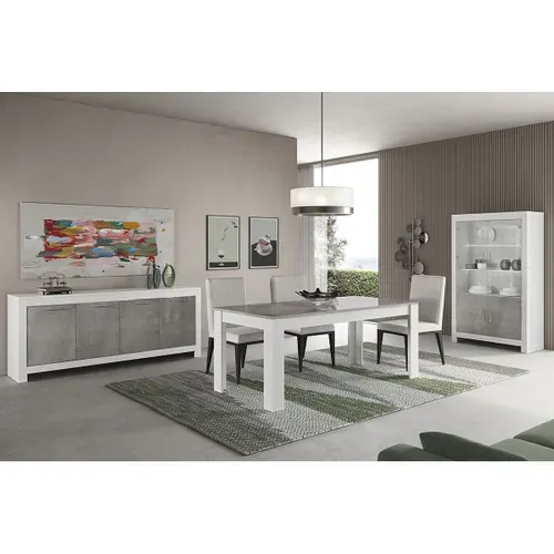 Ensemble Séjour Complet Blanc Et Gris Marbré Table 190cm + Buffet + Vitrine LEDs - Denae