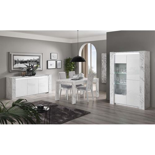 Ensemble Séjour Blanc Et Effet Marbre Table 160cm + Buffet Avec LEDs - Prava