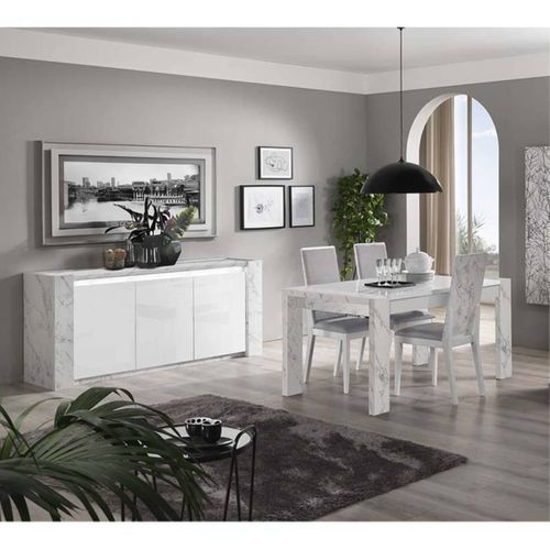 Ensemble Séjour Blanc Et Effet Marbre Table 160cm + Buffet Avec LEDs - Prava