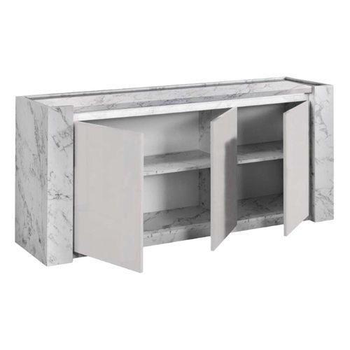 Ensemble Séjour Blanc Et Effet Marbre Table 160cm + Buffet Avec LEDs - Prava