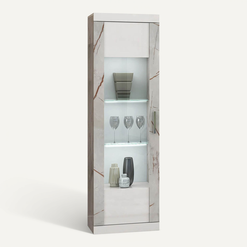 Vitrine 2 Portes Blanc Marbre Avec éclairage LED - Design Moderne Italien, Dimensions 100x43,5x175cm