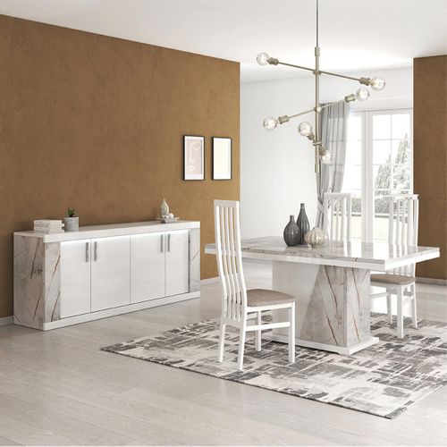 Buffet 4 Portes Blanc Eclairage LED Intégré Avec Décor Latéral Aspect Marbre - Eros