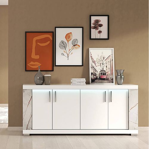 Buffet 4 Portes Blanc Eclairage LED Intégré Avec Décor Latéral Aspect Marbre - Eros