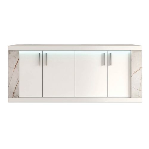 Buffet 4 Portes Blanc Eclairage LED Intégré Avec Décor Latéral Aspect Marbre - Eros
