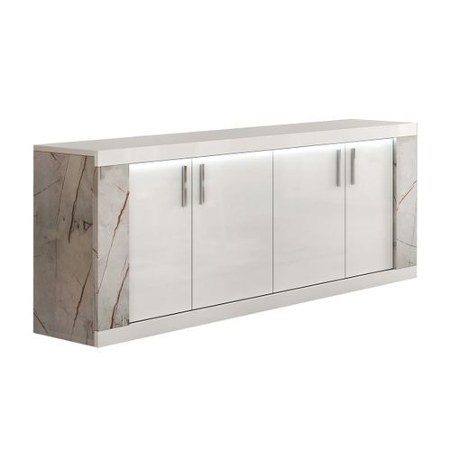 Buffet 4 Portes Blanc Eclairage LED Intégré Avec Décor Latéral Aspect Marbre - Eros