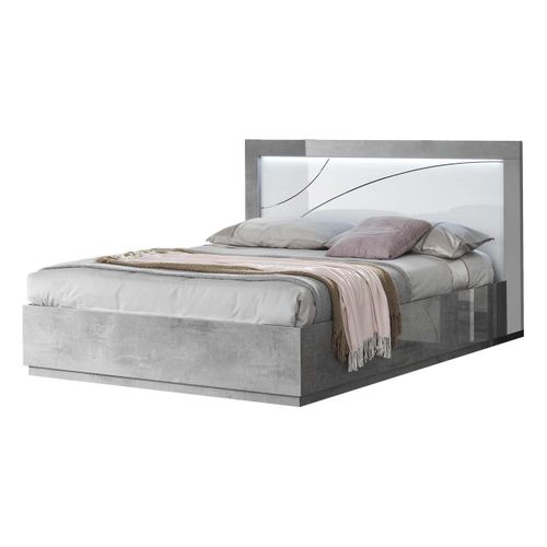 Chambre 160x200cm Blanche Et Gris Béton Lit Avec LEDs + 2 Chevets + Commode - Lineal