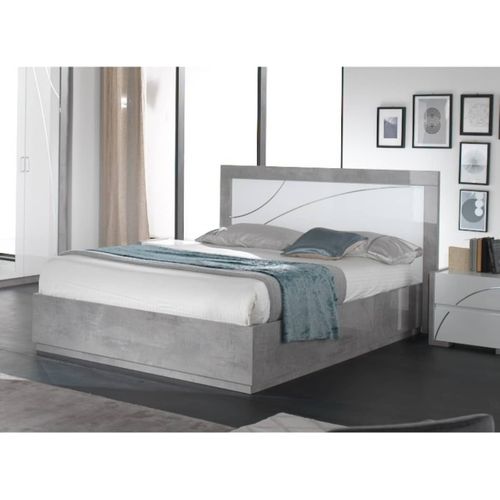 Chambre 160x200cm Blanche Et Gris Béton Lit Avec LEDs + 2 Chevets + Commode - Lineal