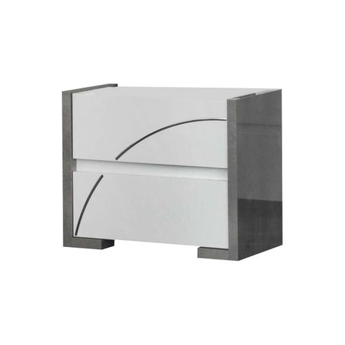 Chambre 160x200cm Blanche Et Gris Béton Lit Avec LEDs + 2 Chevets + Commode - Lineal