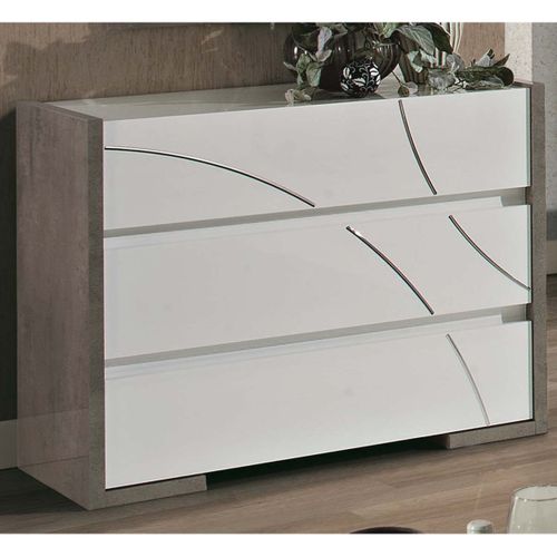 Chambre 160x200cm Blanche Et Gris Béton Lit Avec LEDs + 2 Chevets + Commode - Lineal