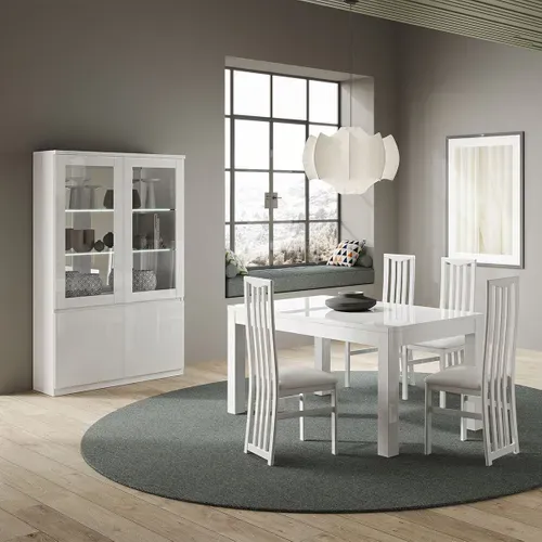 Ensemble Séjour Complet Laqué Blanc Table 190cm + Buffet + Vitrine Avec LEDs - Deyton