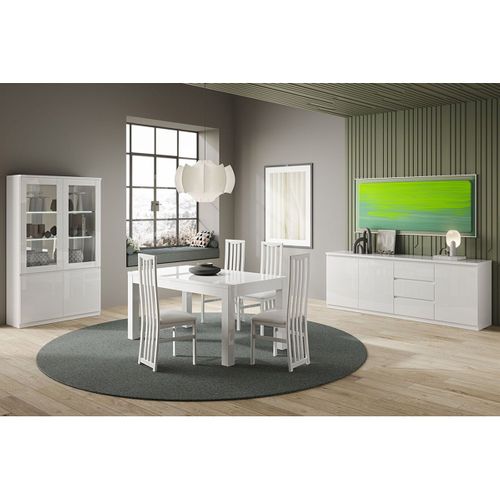 Ensemble Séjour Complet Laqué Blanc Table 190cm + Buffet + Vitrine Avec LEDs - Deyton