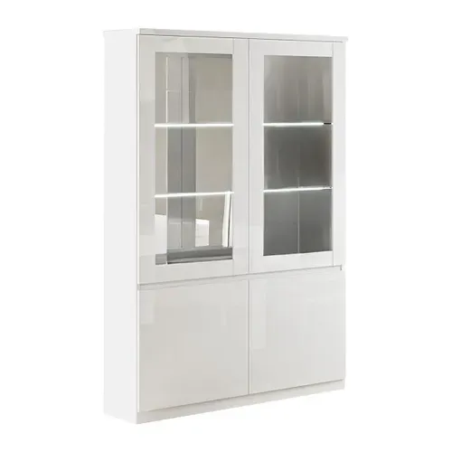 Ensemble Séjour Complet Laqué Blanc Table 190cm + Buffet + Vitrine Avec LEDs - Deyton