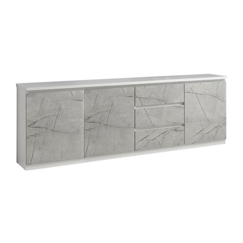 Deyton - Ensemble Séjour Blanc Et Gris Marbré Table 190cm + Buffet 3 Portes