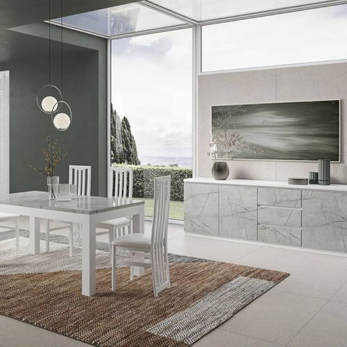 Deyton - Ensemble Séjour Blanc Et Gris Marbré Table 190cm + Buffet 3 Portes