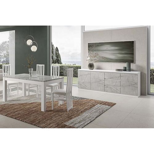 Deyton - Ensemble Séjour Blanc Et Gris Marbré Table 190cm + Buffet 3 Portes