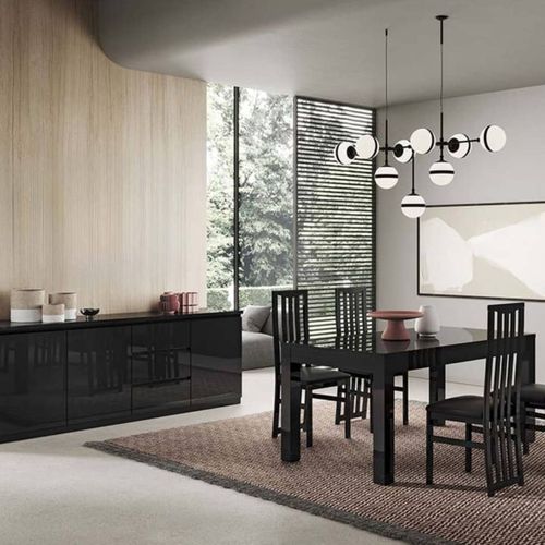 Deyton - Ensemble Séjour Complet Laqué Noir Table 160cm + Buffet + Vitrine Avec LEDs