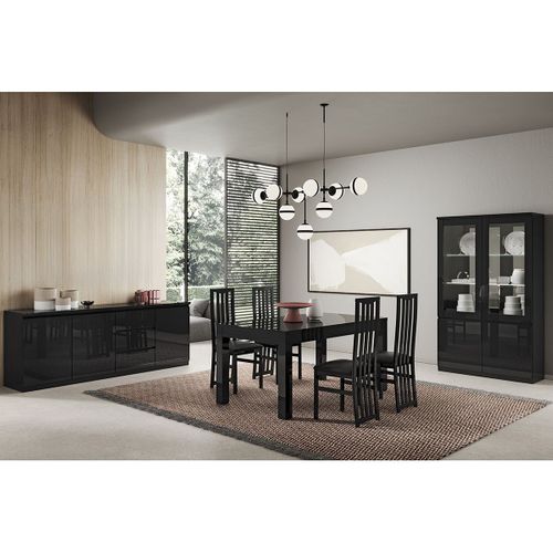 Deyton - Ensemble Séjour Complet Laqué Noir Table 160cm + Buffet + Vitrine Avec LEDs