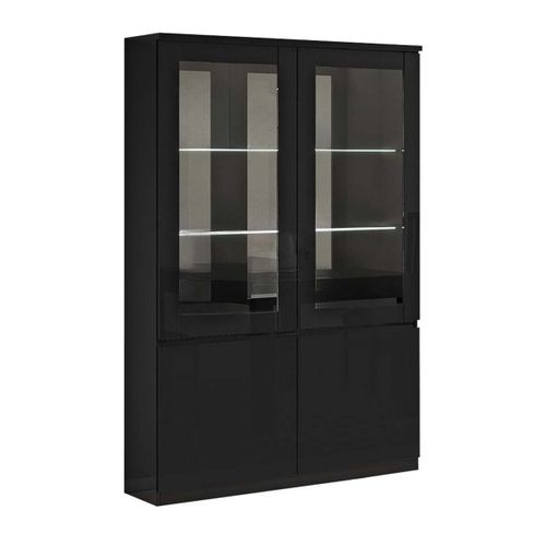 Deyton - Ensemble Séjour Complet Laqué Noir Table 160cm + Buffet + Vitrine Avec LEDs