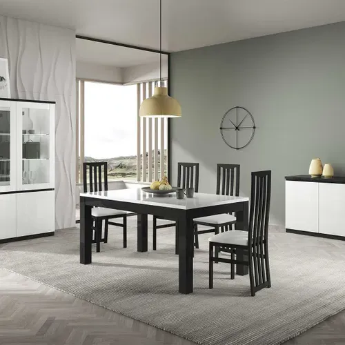 Ensemble Séjour Complet Laqué Noir Et Blanc Table 190cm + Buffet + Vitrine Avec LEDs - Deyton