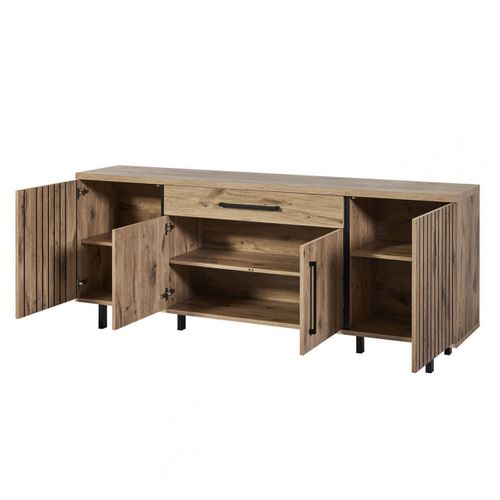 Romy - Ensemble Séjour Table 200cm Et Buffet 4 Portes Aspect Bois Effet Tasseaux