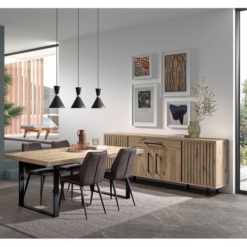 Romy - Ensemble Séjour Table 200cm Et Buffet 4 Portes Aspect Bois Effet Tasseaux