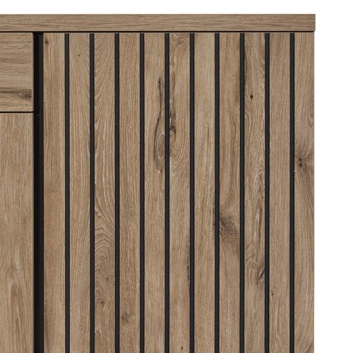 Romy - Ensemble Séjour Table 200cm Et Buffet 4 Portes Aspect Bois Effet Tasseaux