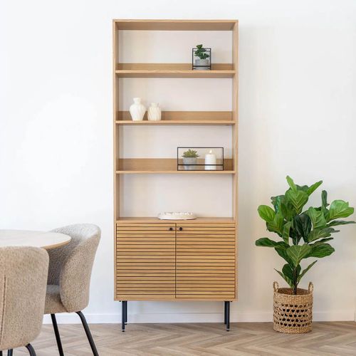 Lowan - Etagère 4 Niveaux Et 2 Portes Effet Tasseaux Teinté Chêne Clair