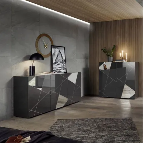 Ensemble Séjour Finition Gris Carbone Laqué Avec Sérigraphies Et Miroirs - Oriana