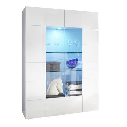 Ensemble Séjour Buffet 2 Portes 2 Tiroirs Blanc Laqué Weiss Relief Damiers - Rebecca