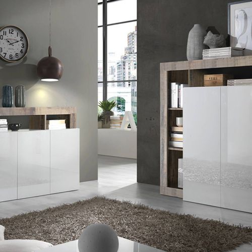 Arturo - Ensemble Buffet 3p + Meuble Bar Blanc Laqué Niches Aspect Bois Antik