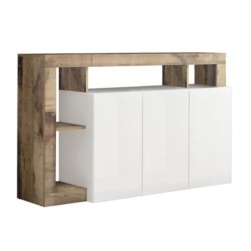 Arturo - Ensemble Buffet 3p + Meuble Bar Blanc Laqué Niches Aspect Bois Antik