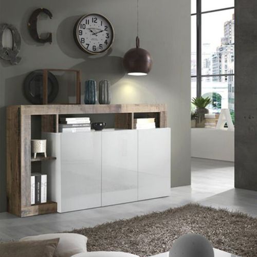 Arturo - Ensemble Buffet 3p + Meuble Bar Blanc Laqué Niches Aspect Bois Antik