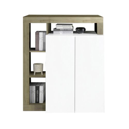 Meuble Bar 2 Portes Blanc Laqué Encadrement Niches Aspect Bois Cadiz - Arturo