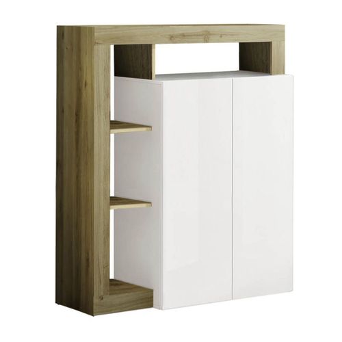 Meuble Bar 2 Portes Blanc Laqué Encadrement Niches Aspect Bois Cadiz - Arturo