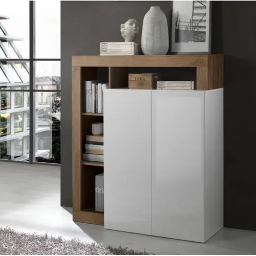 Meuble Bar 2 Portes Blanc Laqué Encadrement Niches Aspect Chêne Mercure - Arturo