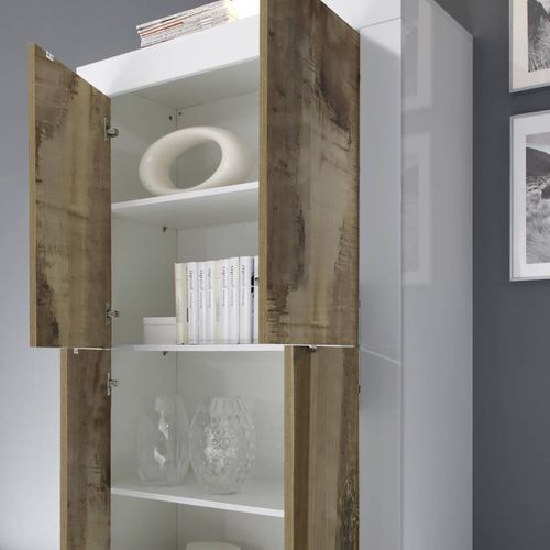 Vitrine 4 Portes Finition Blanc Laqué Et Aspect Bois Antik Avec LEDs - Otello