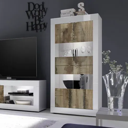 Vitrine 4 Portes Finition Blanc Laqué Et Aspect Bois Antik Avec LEDs - Otello