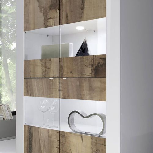 Vitrine 4 Portes Finition Blanc Laqué Et Aspect Bois Antik Avec LEDs - Otello