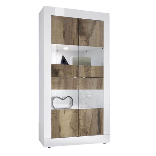 Vitrine 4 Portes Finition Blanc Laqué Et Aspect Bois Antik Avec LEDs - Otello