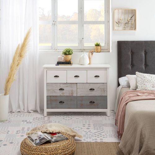 Commode 7 Tiroirs Bois Aspect Vieilli Blanc Et Grisé - Rosalia