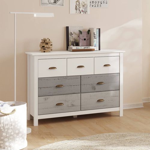 Commode 7 Tiroirs Bois Aspect Vieilli Blanc Et Grisé - Rosalia